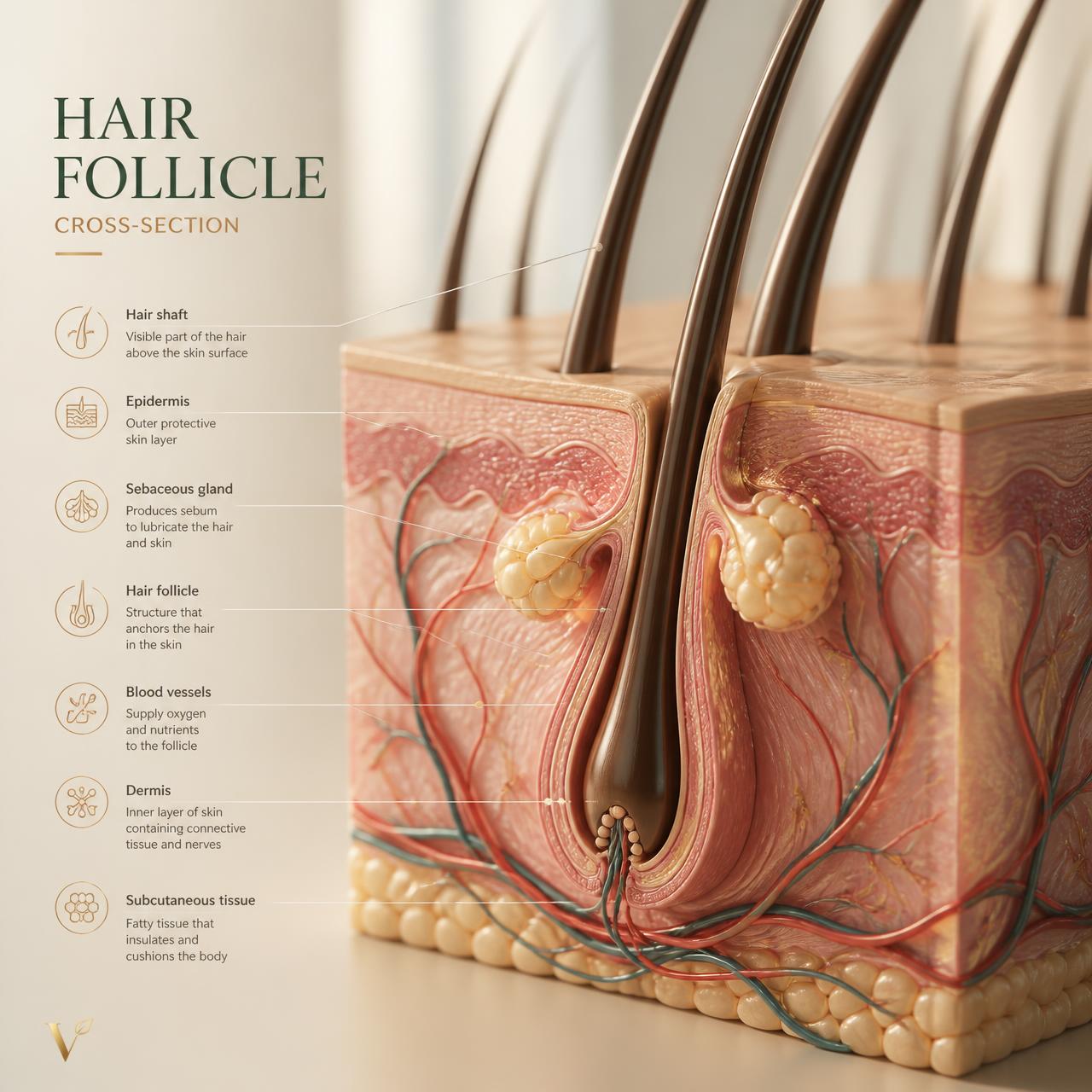 Anatomical cross-section of a healthy hair follicle